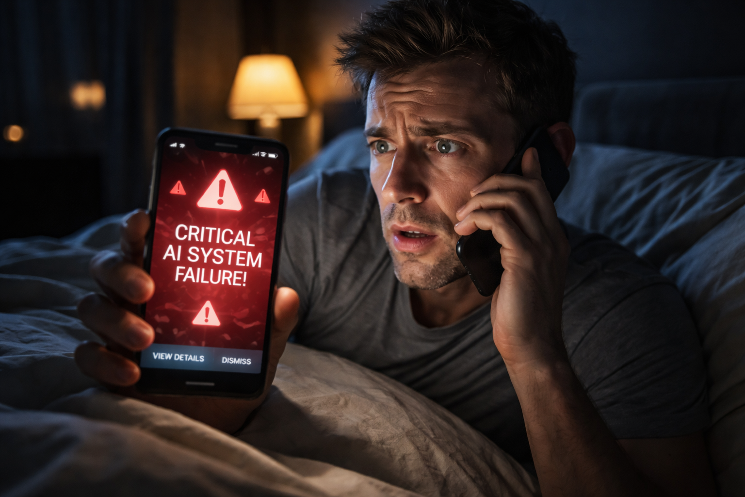 Operations manager receiving urgent 3 AM alert about AI system failure