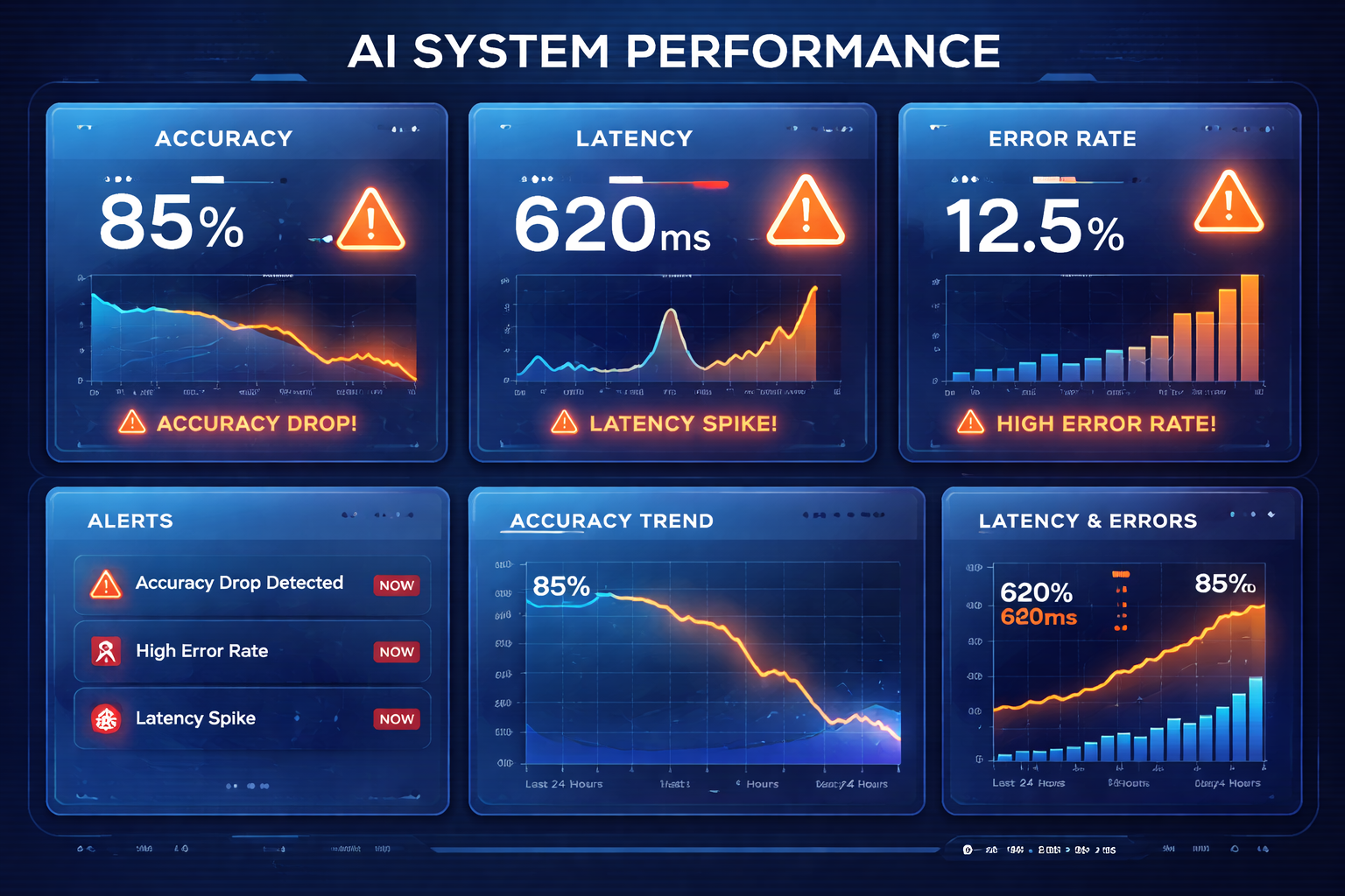 AI monitoring dashboard with performance metrics and alerts